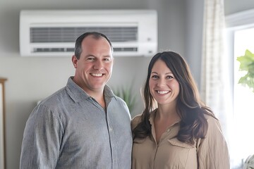 Happy homeowners celebrate after getting professional AC service in their living room