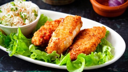 Fototapeta premium Baked chicken nuggets on a pillow of crispy salad.