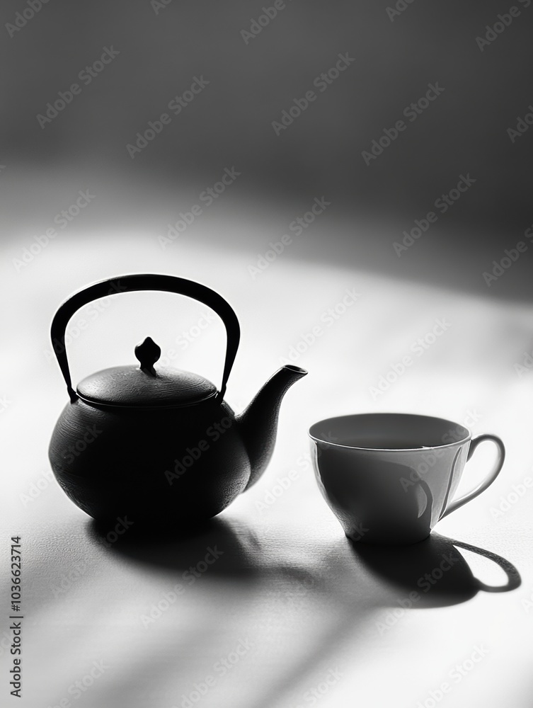Poster a black kettle sits beside a white cup, both bathed in gentle light, creating a tranquil setting for
