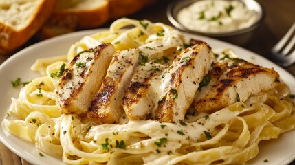 A hearty plate of chicken alfredo pasta with tender pieces of grilled chicken, fettuccine pasta, and creamy Alfredo sauce