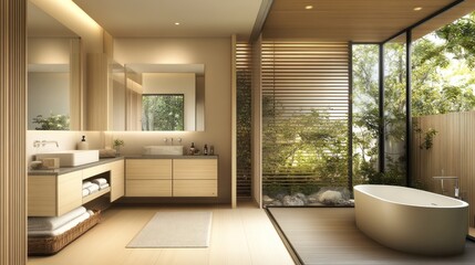 Modern bathroom with a freestanding bathtub, wooden cabinets, and a large window overlooking a lush garden.