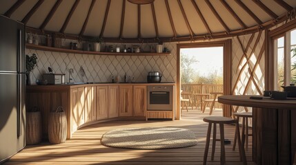 Modern kitchen in a cozy wooden yurt with a view of the forest.