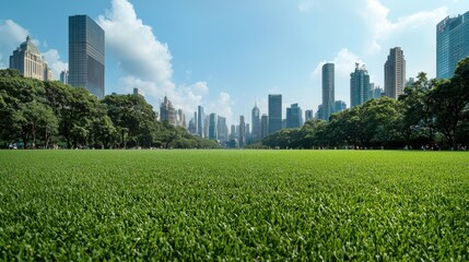 panoramic view of green park surrounded by tall buildings, showcasing vibrant urban landscape. lush grass invites relaxation and enjoyment in heart of city