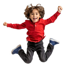A boy with brown hair, red shirt, black pants and blue shoes jumping in a midair isolated on a transparent background