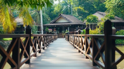 Obraz premium Wooden bridge leading to a traditional house in a tropical garden.