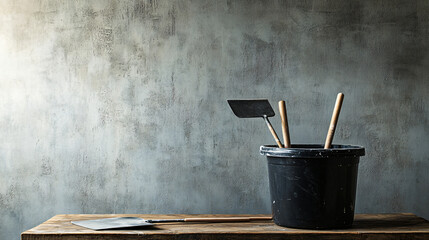 Small Black Plastic Bucket with Tools on a Wooden Surface