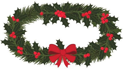 Green Holly Wreath with Red Berries and Bow