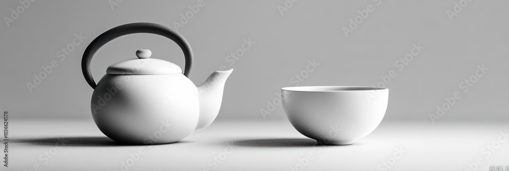 Poster a serene tea kettle and matching cup are elegantly presented on a clean, minimal surface, ideal for 