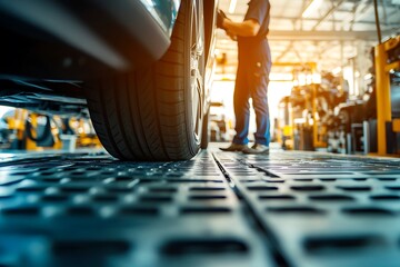 Mechanic inspects a vehicle on a lift in a busy automotive workshop during daylight hours