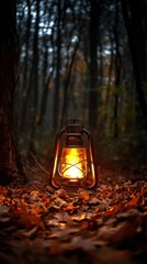 Rustic lantern illuminates autumn forest path.