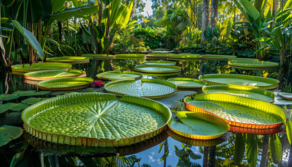 Pond with beautiful Queen Victoria's water lily leaves