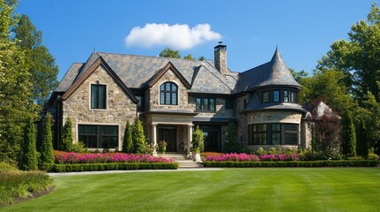 A large, stone house with a manicured lawn and flowerbeds, surrounded by trees and a blue sky with fluffy clouds.