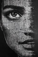 Abstract portrait made from text, featuring an eye and part of a smiling mouth on a black background.