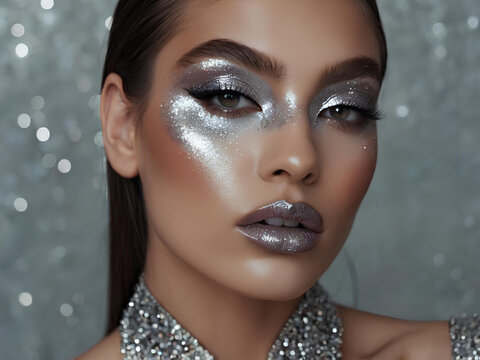 A close-up of a model in metallic silver makeup, with bold eyeshadow and glitter for a New Year's celebration look.