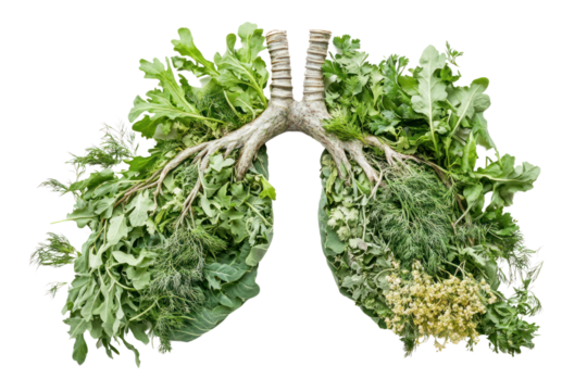 An artistic interpretation of the human respiratory system, featuring a network of lush leafy greens, including arugula and Swiss chard, alongside aromatic herbs such as cilantro and dill