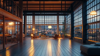 Empty loft apartment with large windows overlooking city lights at night.