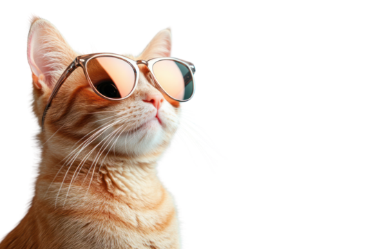 Adorable closeup of a mischievous ginger cat wearing trendy sunglasses, grinning as if enjoying a sunny day. The light cyan background enhances the warmth of the cat's