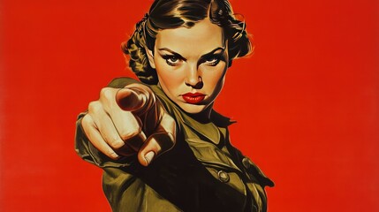 A woman in a military jacket with a serious expression on her face is pointing her index finger at the viewer. Her red lips and dark eyes intensify the image.