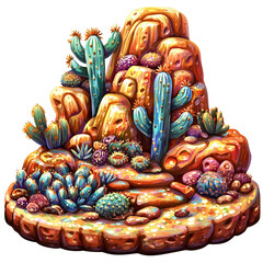 A vibrant desert landscape with colorful cacti and succulents on rocky terrain, showcasing nature's beauty.