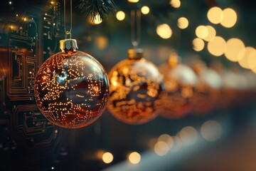 Ornamental baubles with digital circuit overlay glow