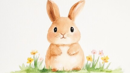 Obraz premium A watercolor painting of a cheerful bunny hopping through a meadow of colorful wildflowers with soft pastels and gentle brushstrokes, evoking feelings of joy and wonder, ideal for children.