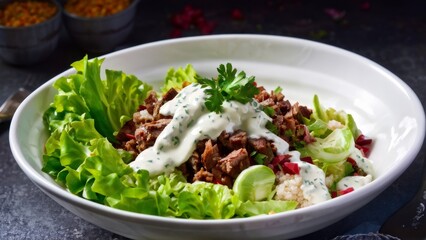 A plate filled with bright freshly cut lettuce leaves, juicy cubes of baked beef with creamy yogurt dressing.