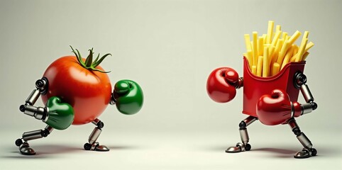 An illustration of a fighting match between a fresh healthy food and junk food. Each is equipped with mechanical arms, ending in boxing gloves