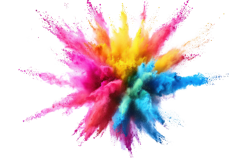 A vibrant burst of multicolored powder exploding outward, with particles of bright pink, blue, yellow, and green filling the air.