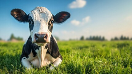 Holstein cow rests peacefully in sunny green field