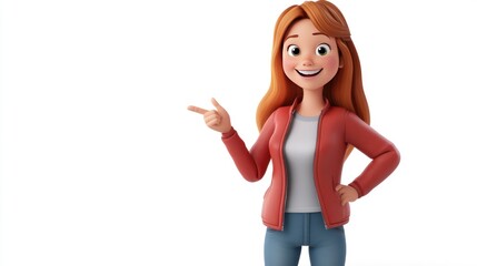 A smiling, 3D cartoon girl with long red hair, wearing a red jacket and blue jeans, points her finger to the left, isolated on a white background.