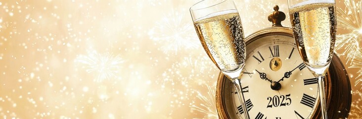 New Years Eve celebration golden banner with champagne glasses and old clock