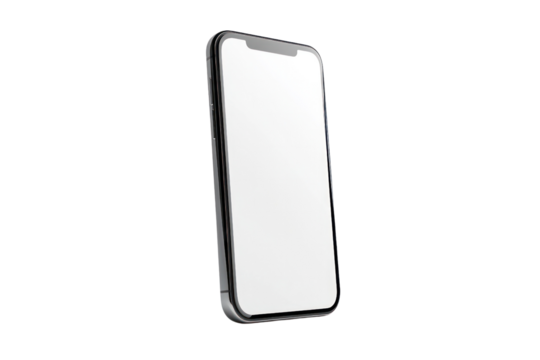 A stylish smartphone standing upright with a blank white display, positioned slightly tilted to emphasize the sleek design, ideal for business-related visuals