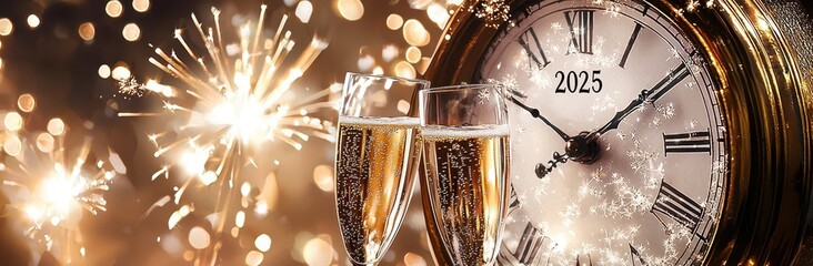 New Years Eve celebration golden banner with champagne glasses and old clock