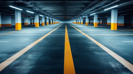 A spacious underground parking lot with clear lines and illuminated columns.