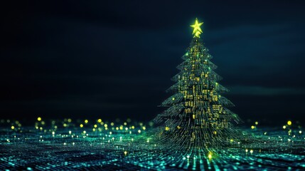 Digital Christmas tree with glowing star and lights