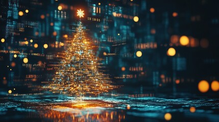 Naklejka premium Golden Digital Christmas Tree Amidst Blurred Lights