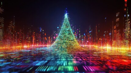 Vibrant digital holiday tree in a colorful cityscape