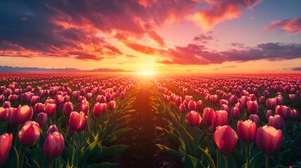 Breathtaking sunset casts vibrant hues over a sprawling tulip farm where rows of colorful tulips sway gently in the breeze The dramatic sky creates a stunning backdrop evoking spring's beauty