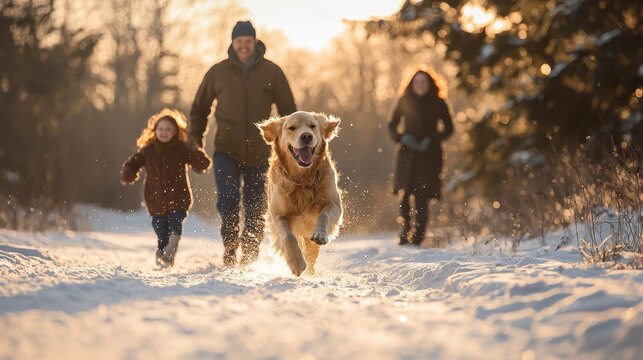 family with their golden retriever dog running in the snow