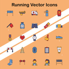 Collection of running icons depicting athletic activities and gear ideal for fitness and sports themes.