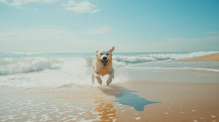 dog running on the beach, A playful dog running along a sandy beach, splashing in the water with the ocean waves in the background, capturing an active,