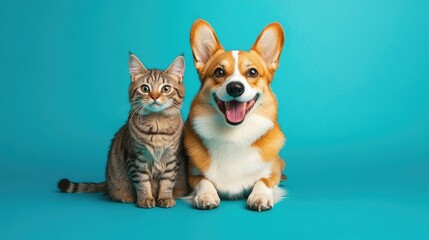 Adorable Corgi and Curious Tabby Cat Sitting Together on a Vibrant Turquoise Background