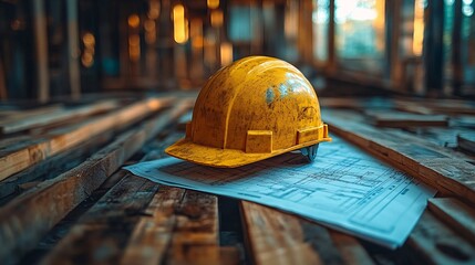 Yellow Safety Helmet on Construction Blueprints