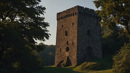 The archer tower is surrounded by majestic ancient trees