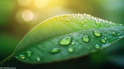Close-Up of a Dew-Covered Green Leaf with Sunlight Creating a Natural and Refreshing Atmosphere