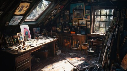 A cluttered artist's studio in an attic with a desk full of art supplies and paintings on the walls and leaning against the walls.