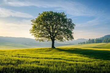Fototapeta premium A beautiful shot of green tree growing in a field under a clear blue sky