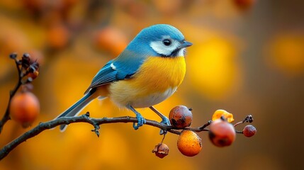 Obraz premium A blue and yellow bird perches on a branch with red berries, against a backdrop of orange and yellow leaves.