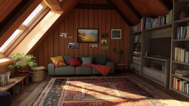 Cozy attic living space with a couch, a TV, a bookshelf, a plant, and a rug.