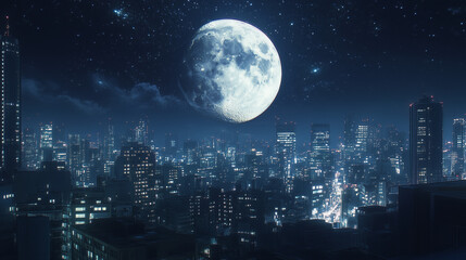 Stunning supermoon shining brightly over a bustling city skyline, twinkling building lights under a starry night sky, with a wild wolf howling in the foreground. 